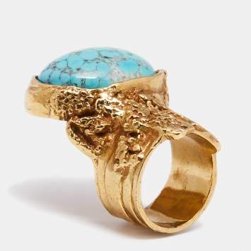 Pre Owned Yves Saint Laurent Arty Blue Glass Cabochon Oval Ring Size 7