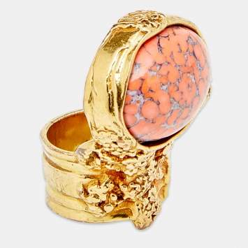 Pre Owned Yves Saint Laurent Arty Orange Glass Cabochon Oval Ring Size 7