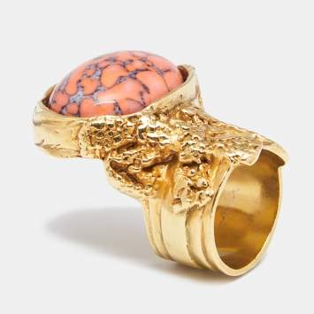 Pre Owned Yves Saint Laurent Coral Cabochon Arty Oval Ring Size EU 54.5