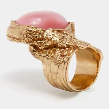 Pre Owned Yves Saint Laurent Arty Pink Glass Cabochon Oval Ring Size 6