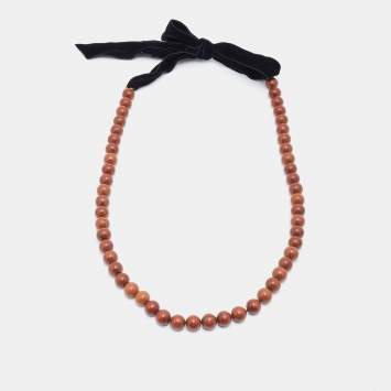 Pre Owned Yves Saint Laurent Wood Beads and Velvet Bow Long Necklace