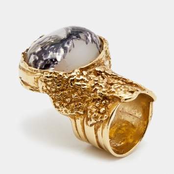 Pre Owned Yves Saint Laurent Arty Glass Gold Tone Cocktail Ring Size EU 52