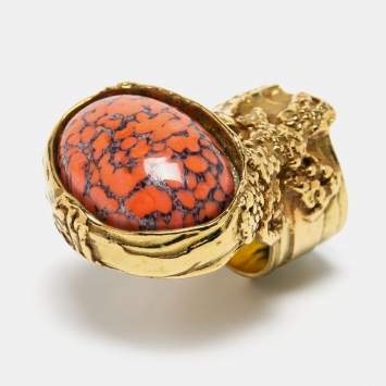 Pre Owned Yves Saint Laurent Arty Coral Glass Cabochon Gold Tone Ring Size 55
