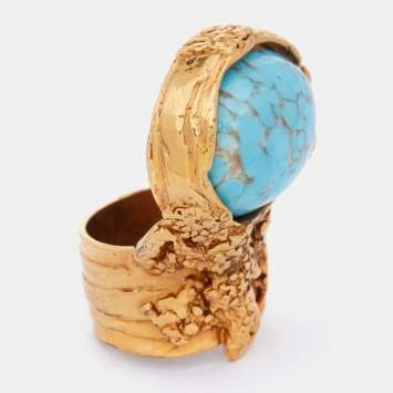 Pre Owned Yves Saint Laurent Gold Tone Blue Glass Cabochon Arty Ring Size EU 54.5