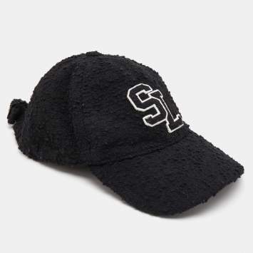 Pre Owned  Saint Laurent Black Logo Wool Boucle Tweed Baseball Cap Size 57