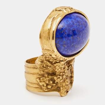 Pre Owned Yves Saint Laurent Arty Glass Gold Tone Ring Size 55