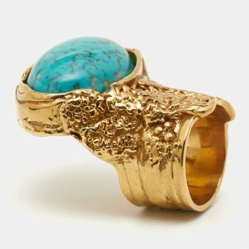 Pre Owned Saint Laurent Arty Glass Cabochon Gold Tone Ring Size 53
