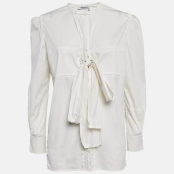 Pre Owned Yves Saint Laurent Paris Off-White Cotton Stretch Tie-Up Blouse L