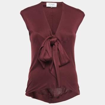 Pre Owned Saint Laurent Burgundy Knit Bow Detail Top S
