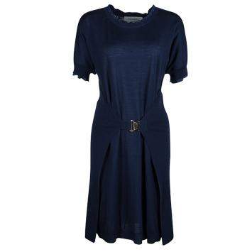 Pre Owned Yves Saint Laurent Blue Wool Buckled Waist Detail Short Sleeve Dress S