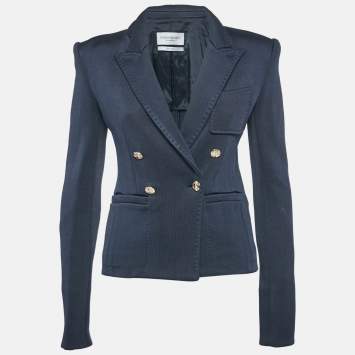 Pre Owned Yves Saint Laurent Navy Blue Rib Knit Double Breasted Blazer S