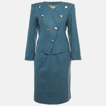 Pre Owned Yves Saint Laurent Vintage Teal Wool Blazer & Skirt Set M/L