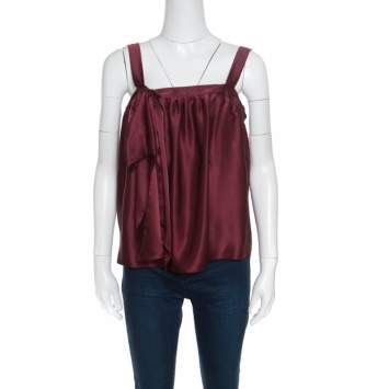 Pre Owned Saint Laurent Burgundy Silk Satin Bow Detail Sleeveless Top M