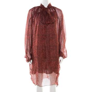 Pre Owned Yves Saint Laurent Red Printed Silk Chiffon Neck Tie Detail Long Sleeve Dress L