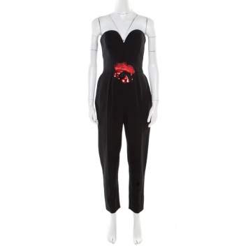 Pre Owned Yves Saint Laurent Black Wool Floral Embellished Strapless Jumpsuit M