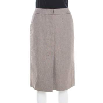 Pre Owned Yves Saint Laurent Paris Brown and White Textured Cotton Pencil Skirt L