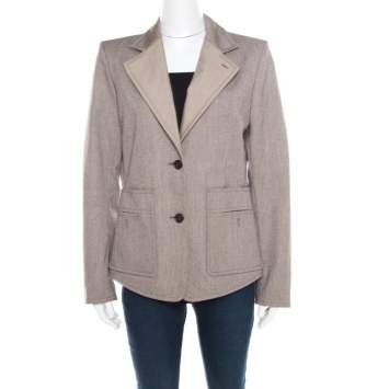 Pre Owned Yves Saint Laurent Paris Brown and White Textured Cotton Contrast Lapel Blazer L