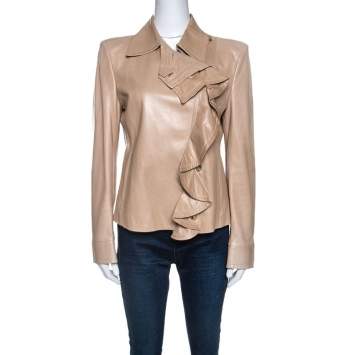 Pre Owned Yves Saint Laurent Beige Leather Ruffle Detail Jacket L