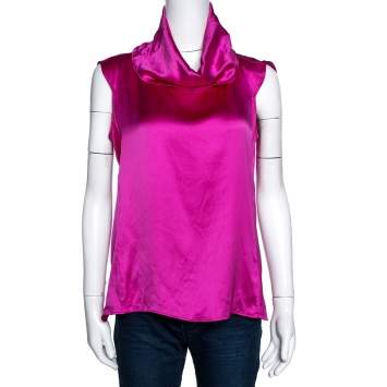 Pre Owned Yves Saint Laurent Fuschia Pink Silk Cowl Neck Top M