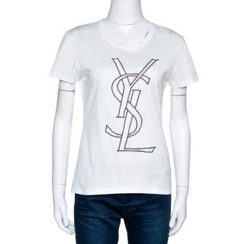 Pre Owned Yves Saint Laurent White Logo Embroidered Cotton Fitted T-Shirt L