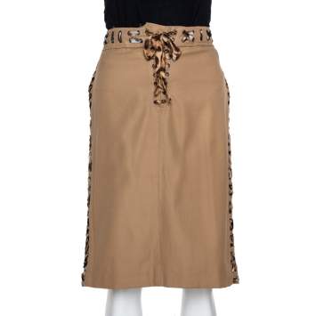 Pre Owned Yves Saint Laurent Tan Cotton Leopard Print Trim Pencil Skirt L