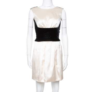 Pre Owned Yves Saint Laurent Cream Silk Velvet Trim Sleeveless Dress S