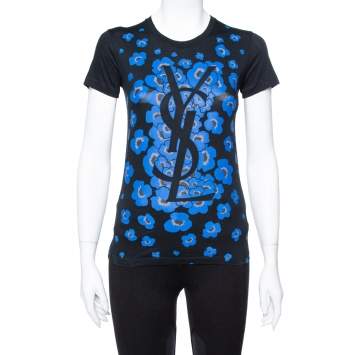 Pre Owned Yves Saint Laurent Black Floral Logo Print Cotton T-Shirt S