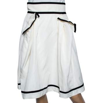 Pre Owned Yves Saint Laurent Ecru Cotton Contrast Trimmed Pleated Skirt M