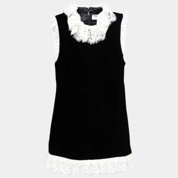 Pre Owned Saint Laurent Black Velvet Lace Trimmed Sleeveless Short Dress S
