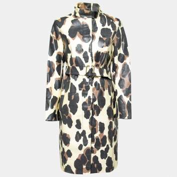 Pre Owned Yves Saint Laurent Beige Animal Printed Cotton Belted Coat M