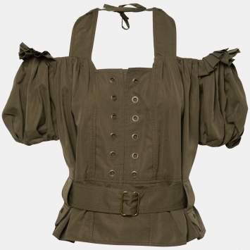 Pre Owned Yves Saint Laurent Olive Green Tie Detail Off Shoulder Belted Safari Top M