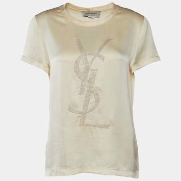 Pre Owned Yves Saint Laurent Cream Logo Embroidered Silk Satin Top M