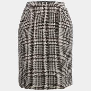 Pre Owned Yves Saint Laurent Vintage Black Houndstooth Patterned Wool Knee Length Skirt S
