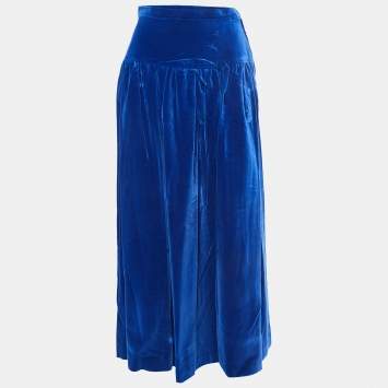 Pre Owned Yves Saint Laurent Blue Velvet Pleated Maxi Skirt S