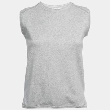 Pre Owned Yves Saint Laurent Metallic Silver Lurex Knit Sleeveless Top M