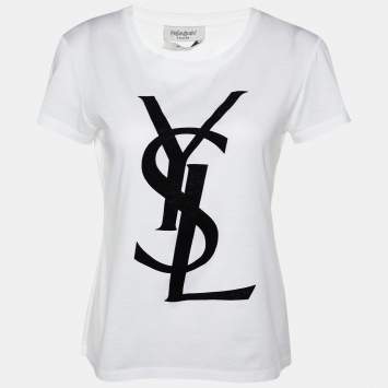 Pre Owned Yves Saint Laurent Rive Gauche White Logo Printed Cotton T-Shirt M
