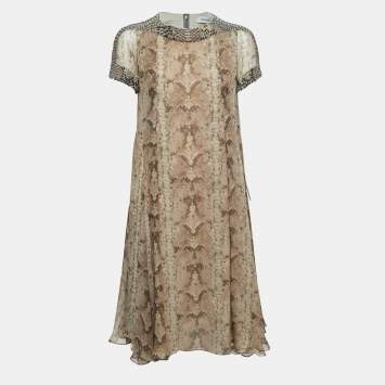 Pre Owned Yves Saint Laurent Brown Snake Print Silk Sequined Short Dress M