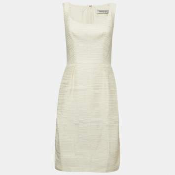 Pre Owned Yves Saint Laurent Cream Jacquard Sheath Midi Dress M