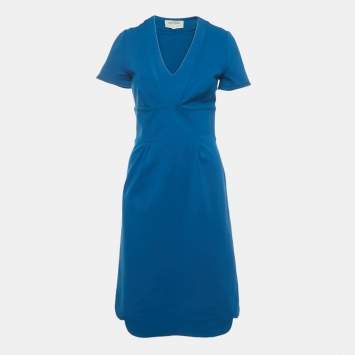 Pre Owned Yves Saint Laurent Blue Wool V-Neck Short Dress M