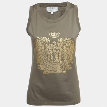 Pre Owned Yves Saint Laurent Grey Logo Print Cotton Sleeveless T-Shirt M
