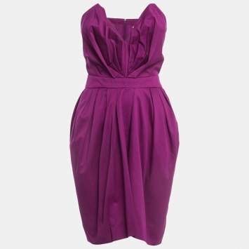 Pre Owned Yves Laurent Paris Purple Cotton Strapless Pleated Mini Dress S