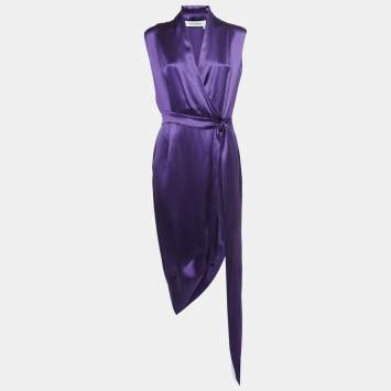 Pre Owned Yves Saint Laurent Purple Draped Satin Sleeveless Asymmetric Dress L