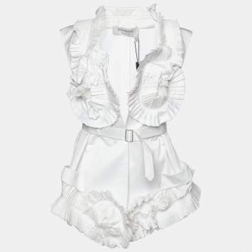 Pre Owned Yves Saint Laurent White Cotton Spiral Pleat Detail Belted Vest M