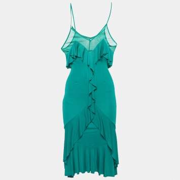 Pre Owned Yves Saint Laurent Vintage Green Mesh and Jersey Ruffled Slip Dress S
