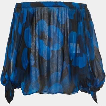 Pre Owned Yves Saint Laurent Blue Floral Print Silk Off Shoulder Blouse S
