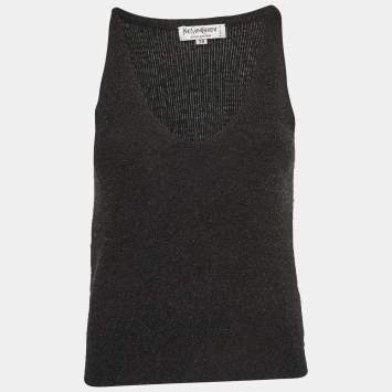 Pre Owned Yves Saint Laurent Rive Gauche Dark Grey Beaded Cashmere and Silk Tank Top M