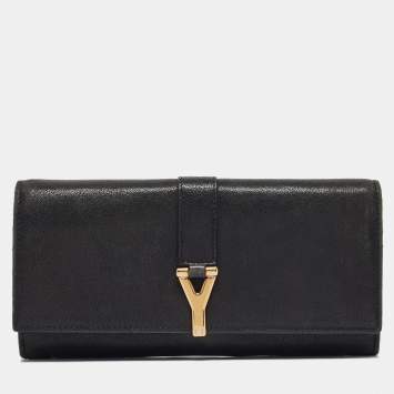 Pre Owned Yves Saint Laurent Black Leather Y line Continental Wallet