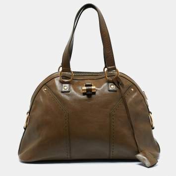 Pre Owned Yves Saint Laurent Olive Green Leather Large Muse Bag