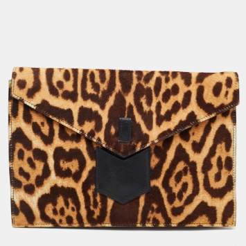 Pre Owned Yves Saint Laurent Brown Leopard Print Calf Hair Envelope Clutch