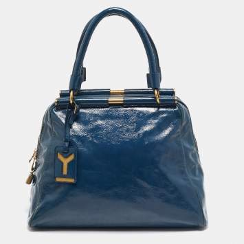 Pre Owned Yves Saint Laurent Teal Blue Patent Leather Medium Majorelle Satchel